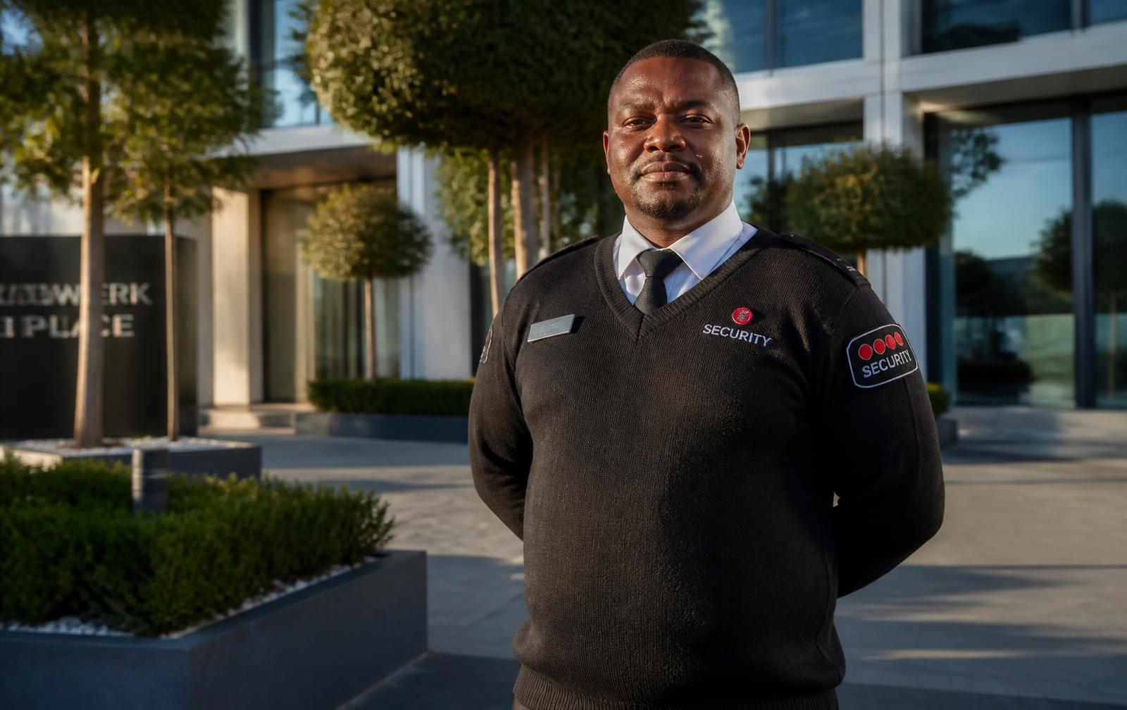 Security guard on duty outside an office building in Cape Town